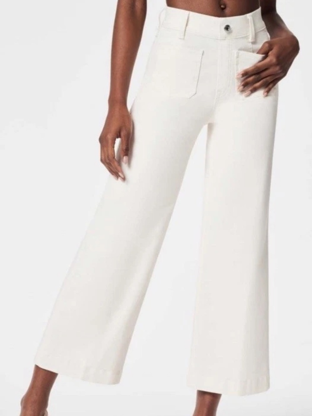 Spanx Wide Leg Patch Pocket Pull On Crop Jeans Size Large Tall White Stretch